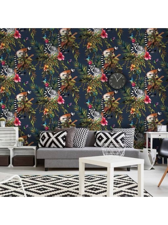 DUTCH WALLCOVERINGS Tapeta lemur petrolejově modrá