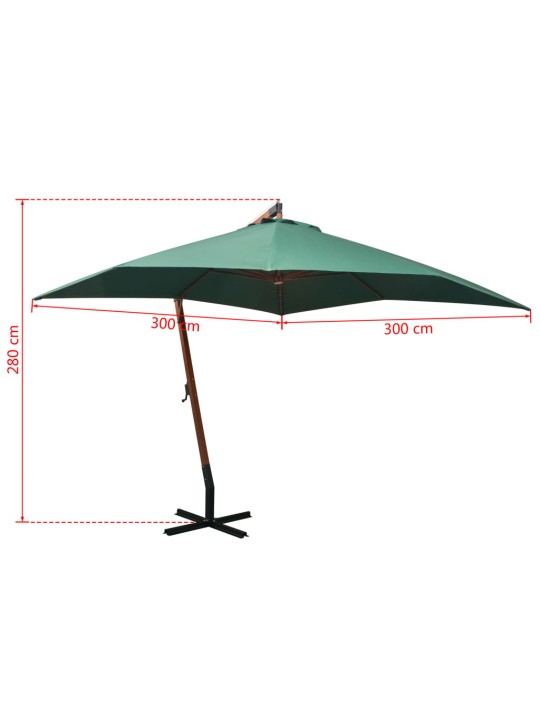 Závěsný slunečník 300 x 300 cm dřevěná tyč zelený