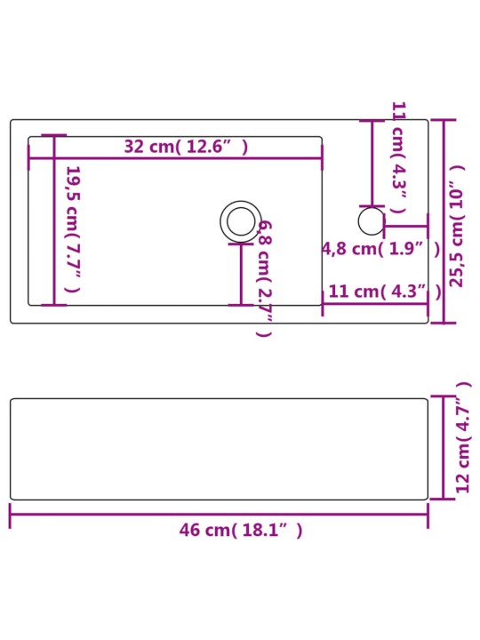 Umyvadlo otvor na baterii obdélníkové keramické bílé 46x25,5x12cm