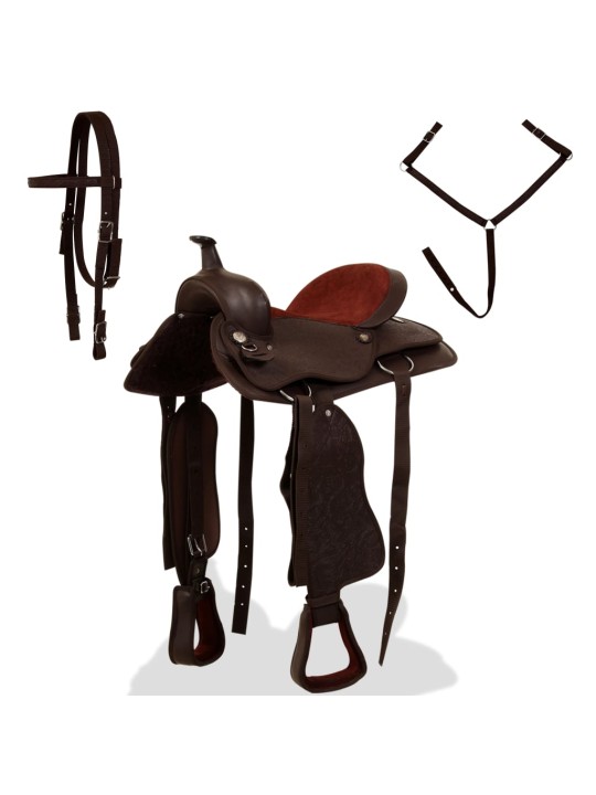 Westernové sedlo pro koně, set, pravá kůže 17" hnědé