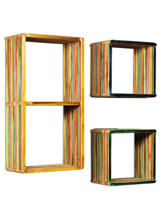 Set závěsných polic 3 ks, masivní recyklovaný teak, vícebarevné