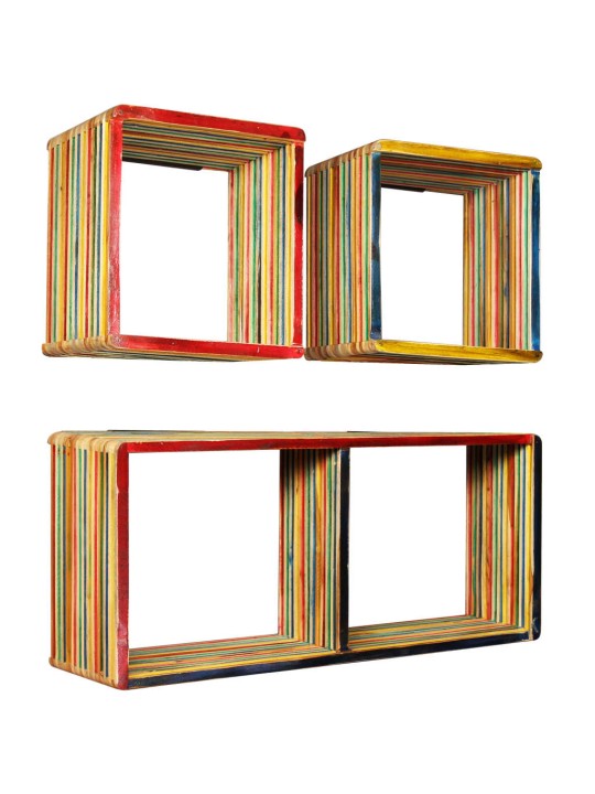 Set závěsných polic 3 ks, masivní recyklovaný teak, vícebarevné