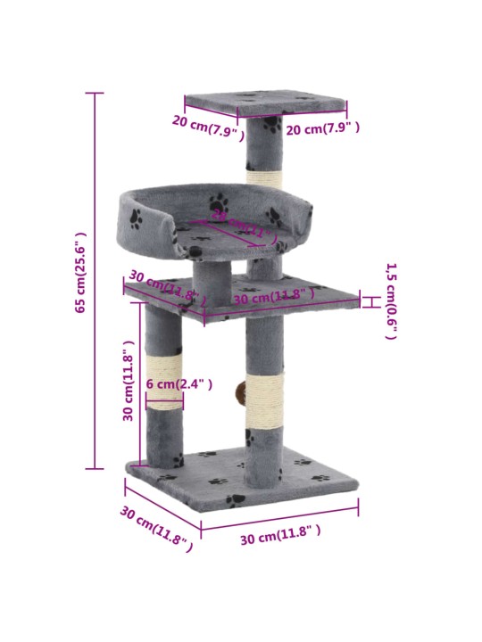 Škrabadlo pro kočky se sisalovými sloupky 65 cm šedé s tlapkami
