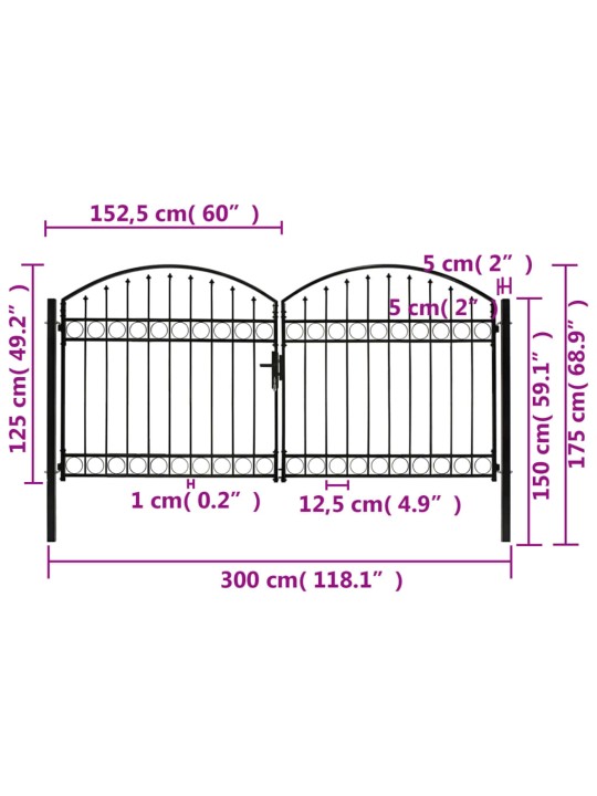 Dvoukřídlá zahradní brána s obloukem ocelová 300 x 125 cm černá