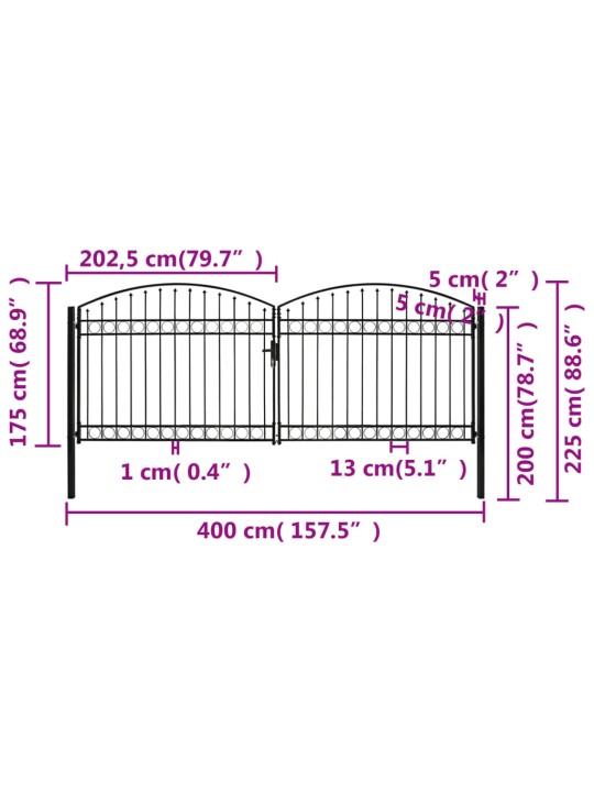 Dvoukřídlá zahradní brána s obloukem ocelová 400 x 175 cm černá