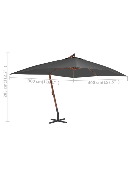 Boční zahradní slunečník s dřevěnou tyčí 400x300 cm antracitový