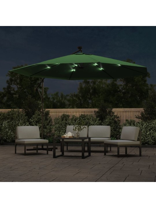 Boční zahradní slunečník s LED a kovovou tyčí 350 cm zelený