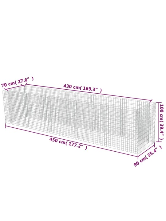 Gabionový vyvýšený záhon pozinkovaná ocel 450 x 90 x 100 cm
