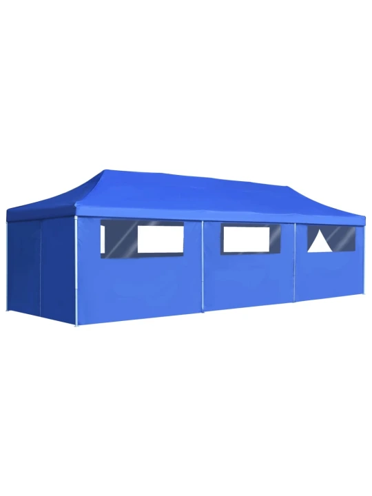Skládací nůžkový party stan s 8 bočními stěnami 3 x 9 m modrý