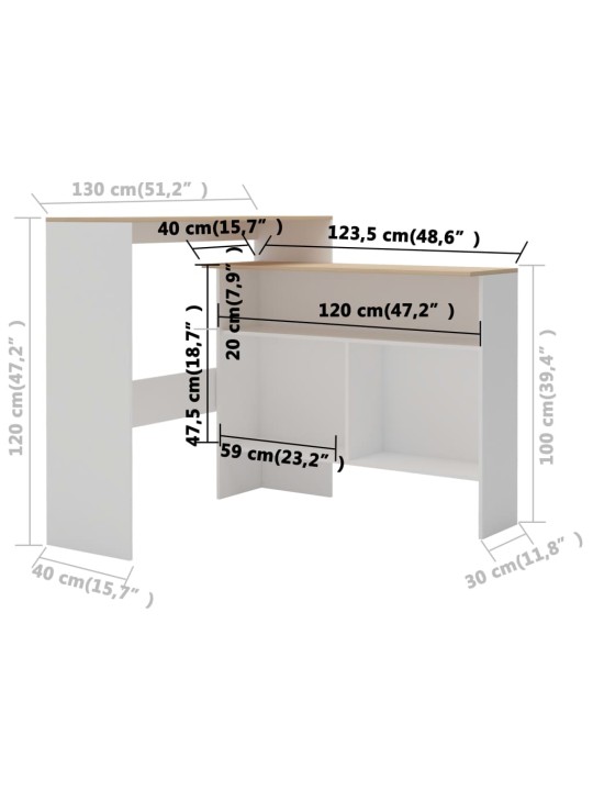 Barový stůl se 2 stolními deskami bílý a dub 130 x 40 x 120 cm