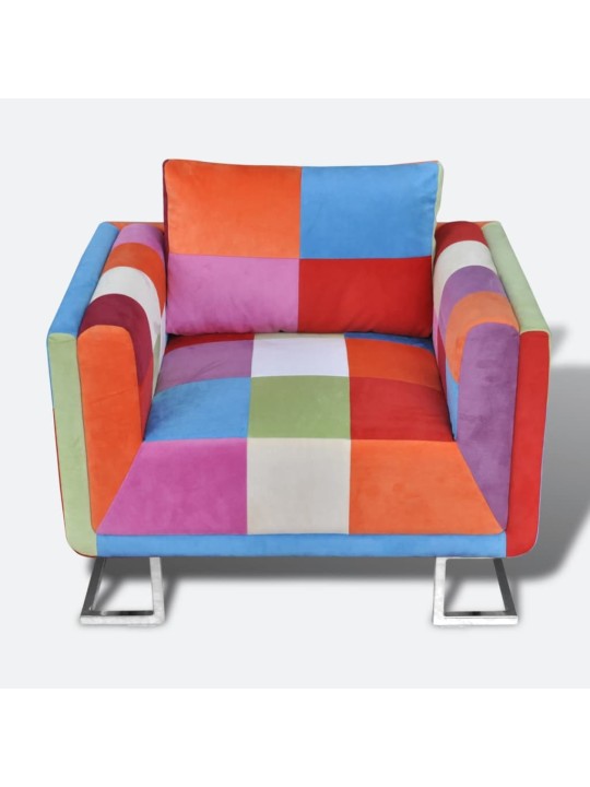 Krychlové křeslo, chromované nohy, patchwork, textilní