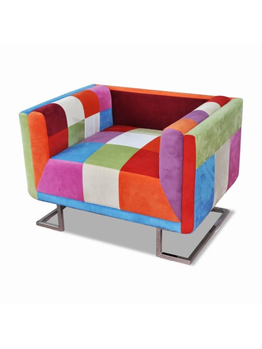 Krychlové křeslo, chromované nohy, patchwork, textilní