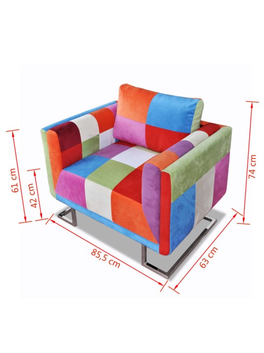 Krychlové křeslo, chromované nohy, patchwork, textilní