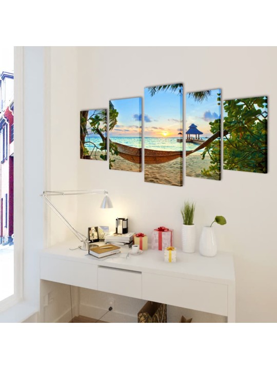 Sada obrazů, tisk na plátně, písečná pláž s houpací sítí, 100 x 50 cm