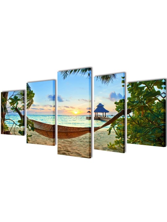 Set tištěných obrazů na plátně pláž s houpací sítí 200 x 100 cm