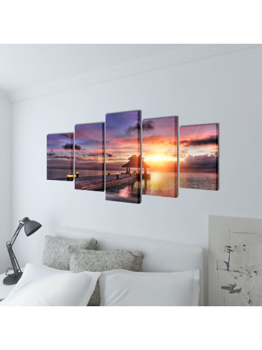 Sada obrazů, tisk na plátně, pláž s pavilónem, 100 x 50 cm