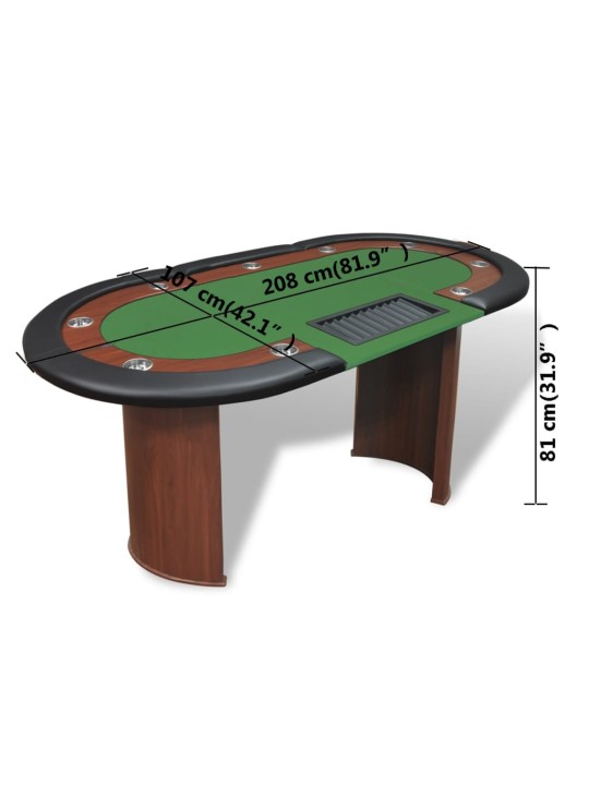 Pokerový stůl pro 10 hráčů, zóna pro dealera + držák na žetony, zelený