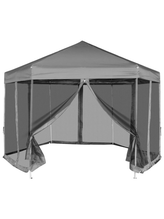 Šestiúhelníkový party stan s 6 stěnami šedý 3,6 x 3,1 m