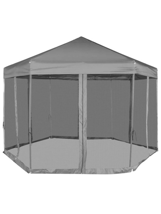 Šestiúhelníkový party stan s 6 stěnami šedý 3,6 x 3,1 m