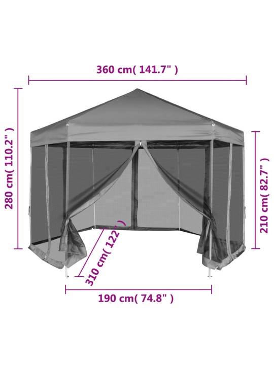 Šestiúhelníkový party stan s 6 stěnami šedý 3,6 x 3,1 m