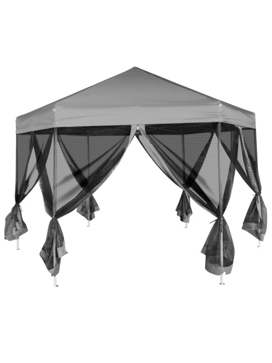Šestiúhelníkový party stan s 6 stěnami šedý 3,6 x 3,1 m