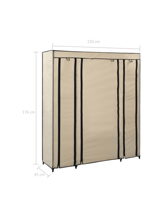 Šatní skříň s přihrádkami a tyčemi krémová 150x45x176 cm textil