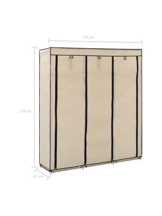 Šatní skříň s přihrádkami a tyčemi krémová 150x45x175 cm textil