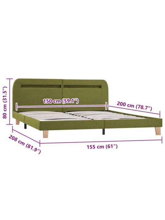 Rám postele s led bez matrace zelená látka 150x200 cm