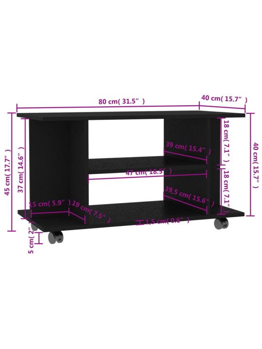 TV stolek s kolečky černý 80 x 40 x 45 cm kompozitní dřevo