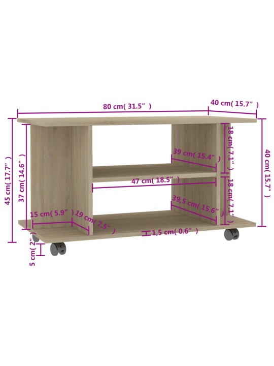 TV stolek s kolečky dub sonoma 80 x 40 x 45 cm kompozitní dřevo