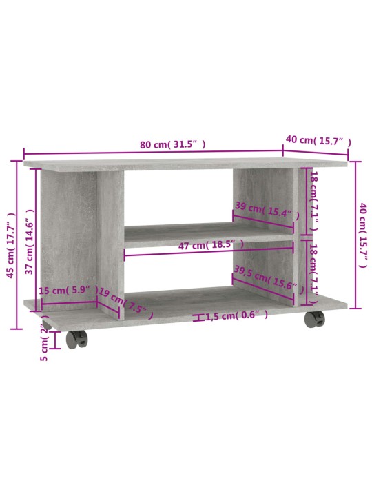 TV stolek s kolečky betonově šedý 80x40x45 cm kompozitní dřevo