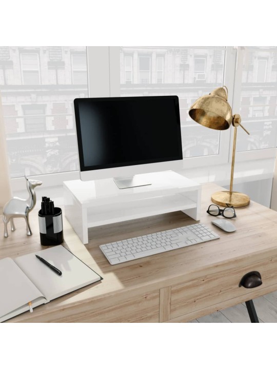 Stojan na monitor bílý vysoký lesk 42x24x13 cm kompozitní dřevo