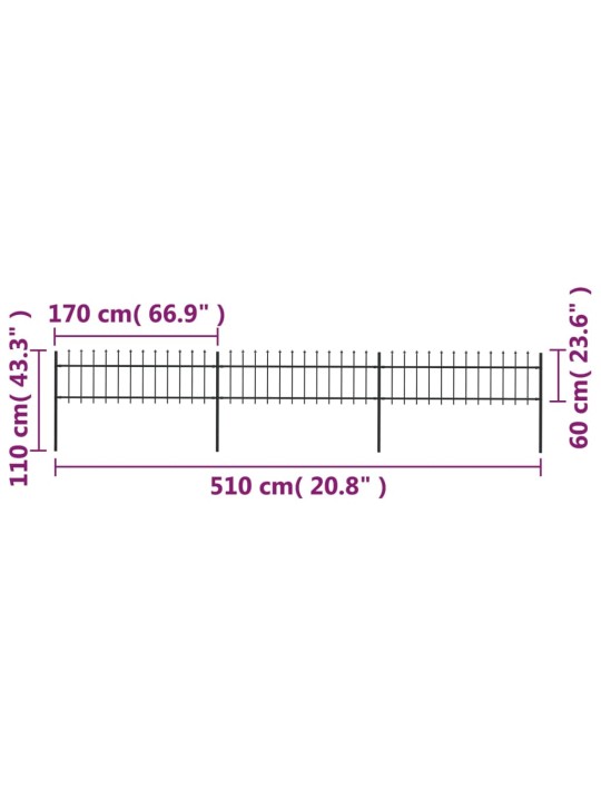 Zahradní plot s hroty ocelový 5,1 x 0,6 m černý
