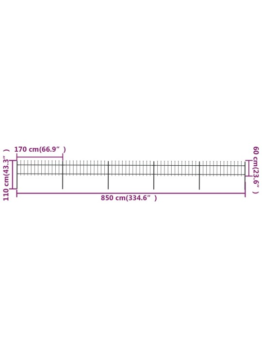 Zahradní plot s hroty ocelový 8,5 x 0,6 m černý