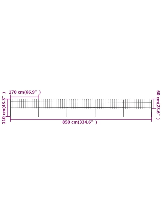 Zahradní plot s hroty ocelový 8,5 x 0,6 m černý