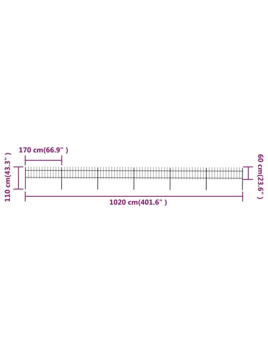 Zahradní plot s hroty ocelový 10,2 x 0,6 m černý