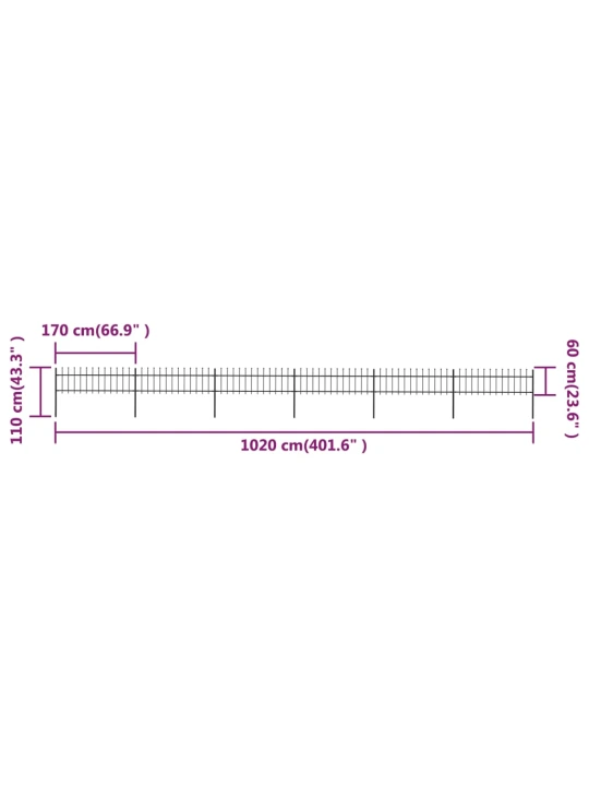 Zahradní plot s hroty ocelový 10,2 x 0,6 m černý