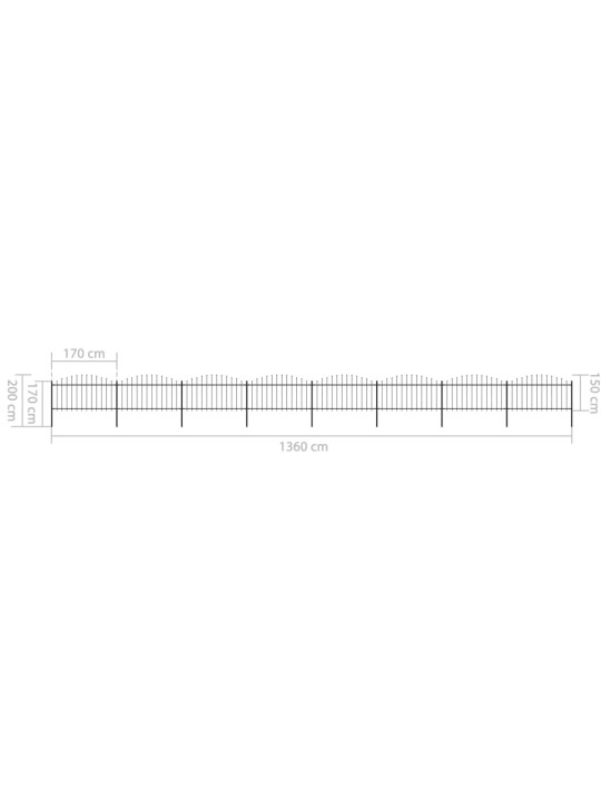 Zahradní plot s hroty ocel (1,25–1,5) x 13,6 m černý