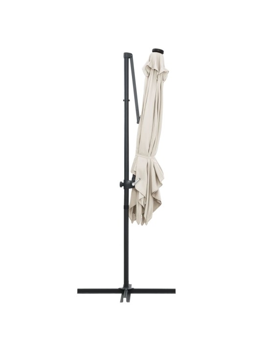 Boční zahradní slunečník s LED ocelová tyč 250 x 250 cm pískový