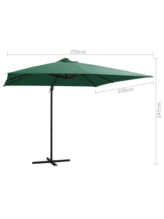 Boční zahradní slunečník s LED ocelová tyč 250 x 250 cm zelený