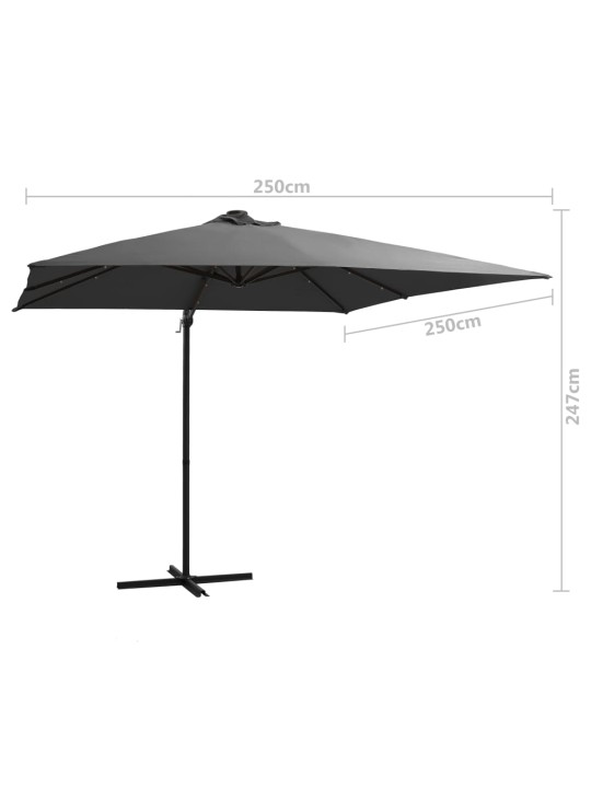 Boční zahradní slunečník s LED ocelová tyč 250x250 cm antracit