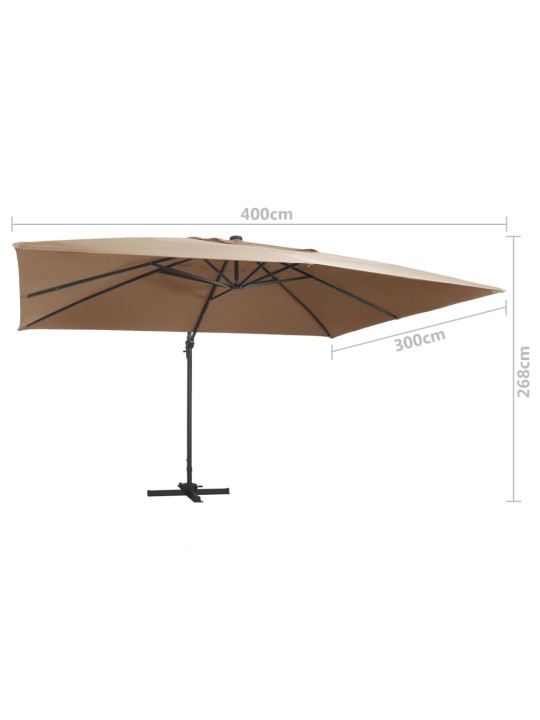 Boční zahradní slunečník s LED hliníková tyč 400 x 300 cm taupe