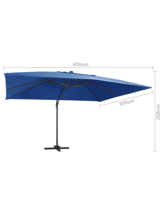 Boční zahradní slunečník s LED hliníková tyč 400x300 cm azurový