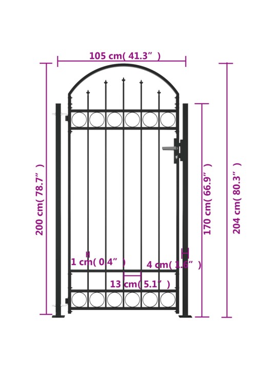 Zahradní branka s obloukem a 2 sloupky 105 x 204 cm černá