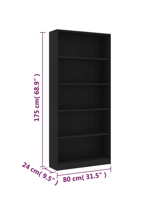 5patrová knihovna černá 80 x 24 x 175 cm kompozitní dřevo