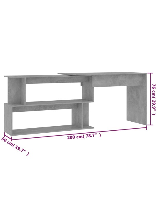 Rohový psací stůl betonově šedý 200 x 50 x 76 cm dřevotříska