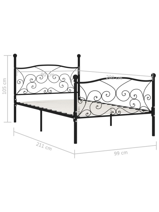 Rám postele s laťkovým roštem černý kov 90 x 200 cm