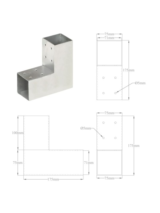 Trámová spojka 4 ks ve tvaru L pozinkovaný kov 71 x 71 mm