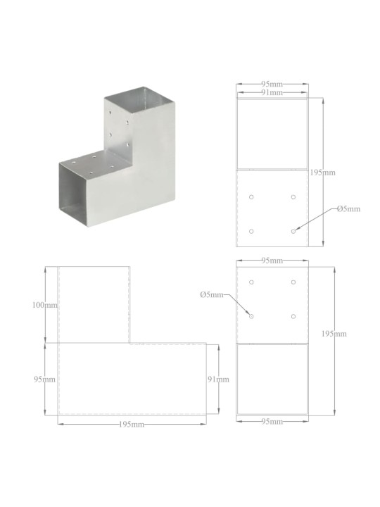 Trámová spojka 4 ks ve tvaru L pozinkovaný kov 91 x 91 mm
