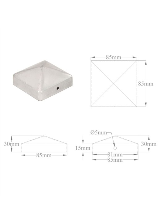Krytky na plotové sloupky stříška 6 ks pozinkovaný kov 81x81 mm